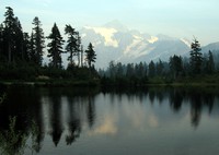 fire hazed Mt Shuksan over Picure Lake