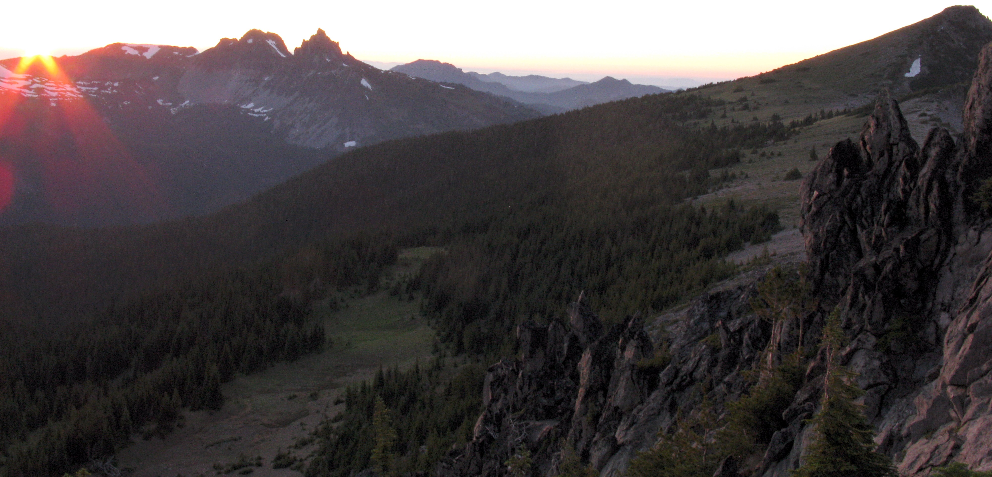 sunset and Skyscraper Mountain from off the trail